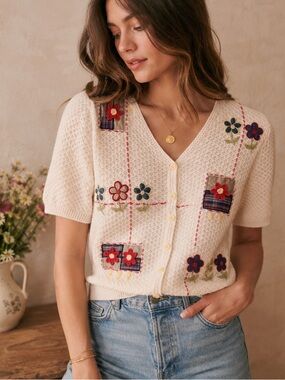 Vintage Cottagecore Floral Knit Cardigan Medium Petite Alfred Dunner